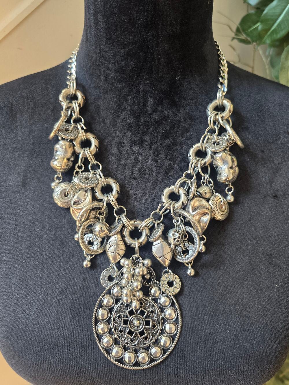 Antique Silver Tone Boho Medallion Charm Statement Necklace Beaded Pendant